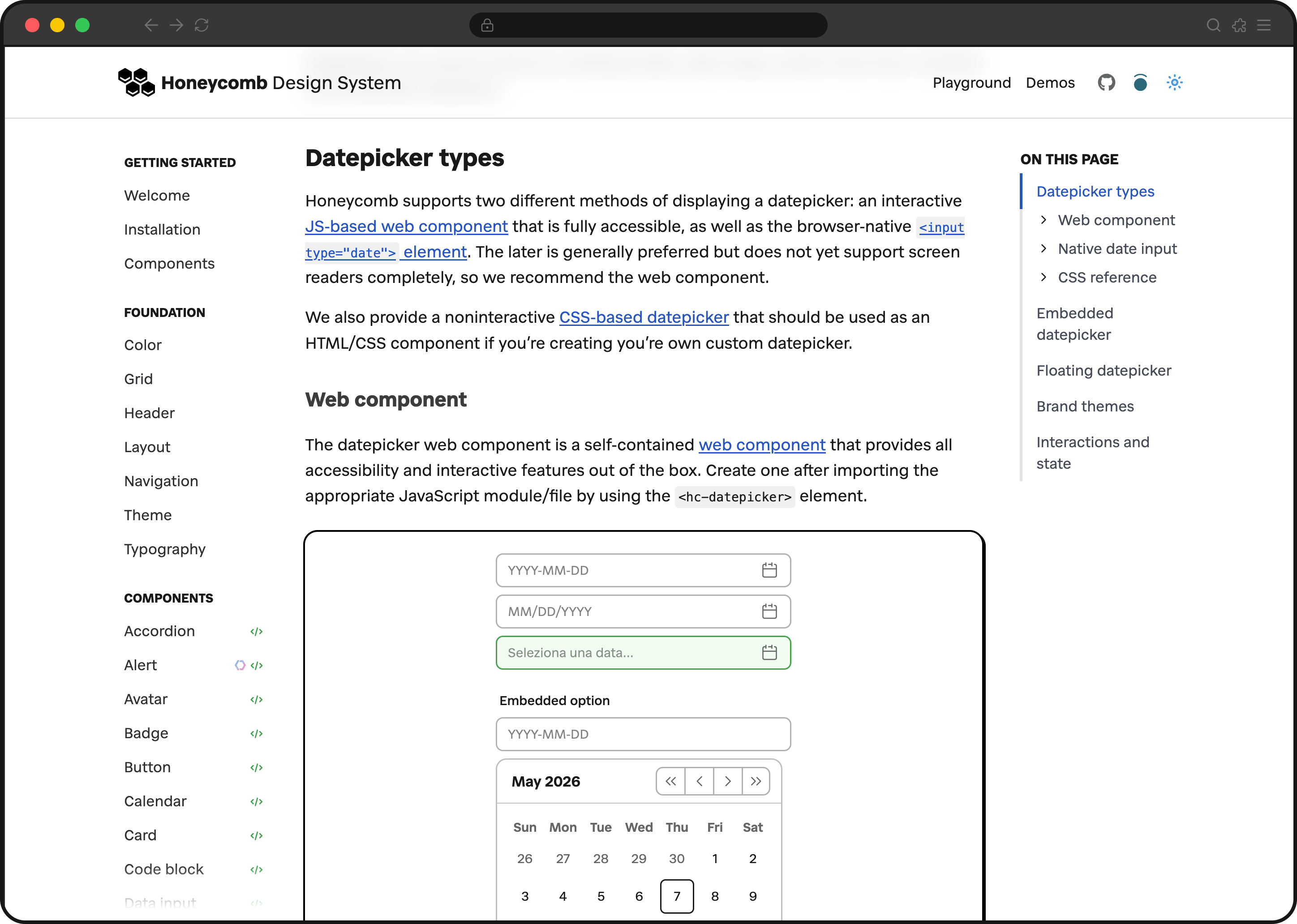 Screenshot of the Honeycomb documentation page for the Datepicker component.