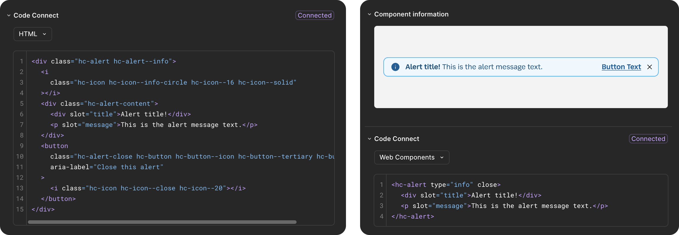 Screenshots of Figma code connections for HTML and web component code for the Alert component.