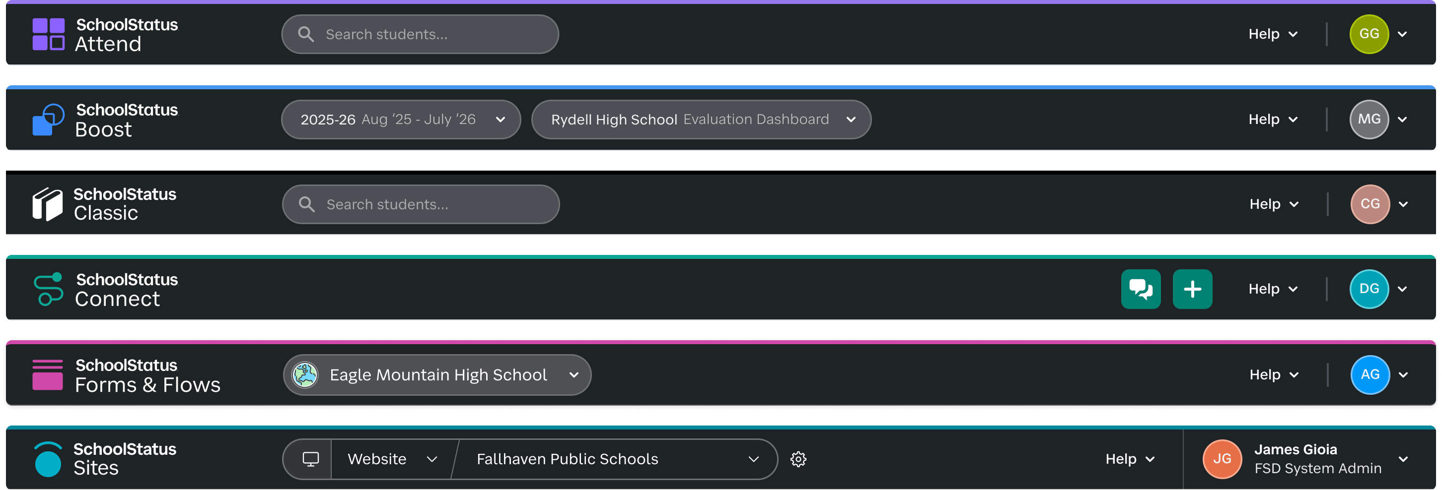 Final versions of the app headers for all 6 portfolio products