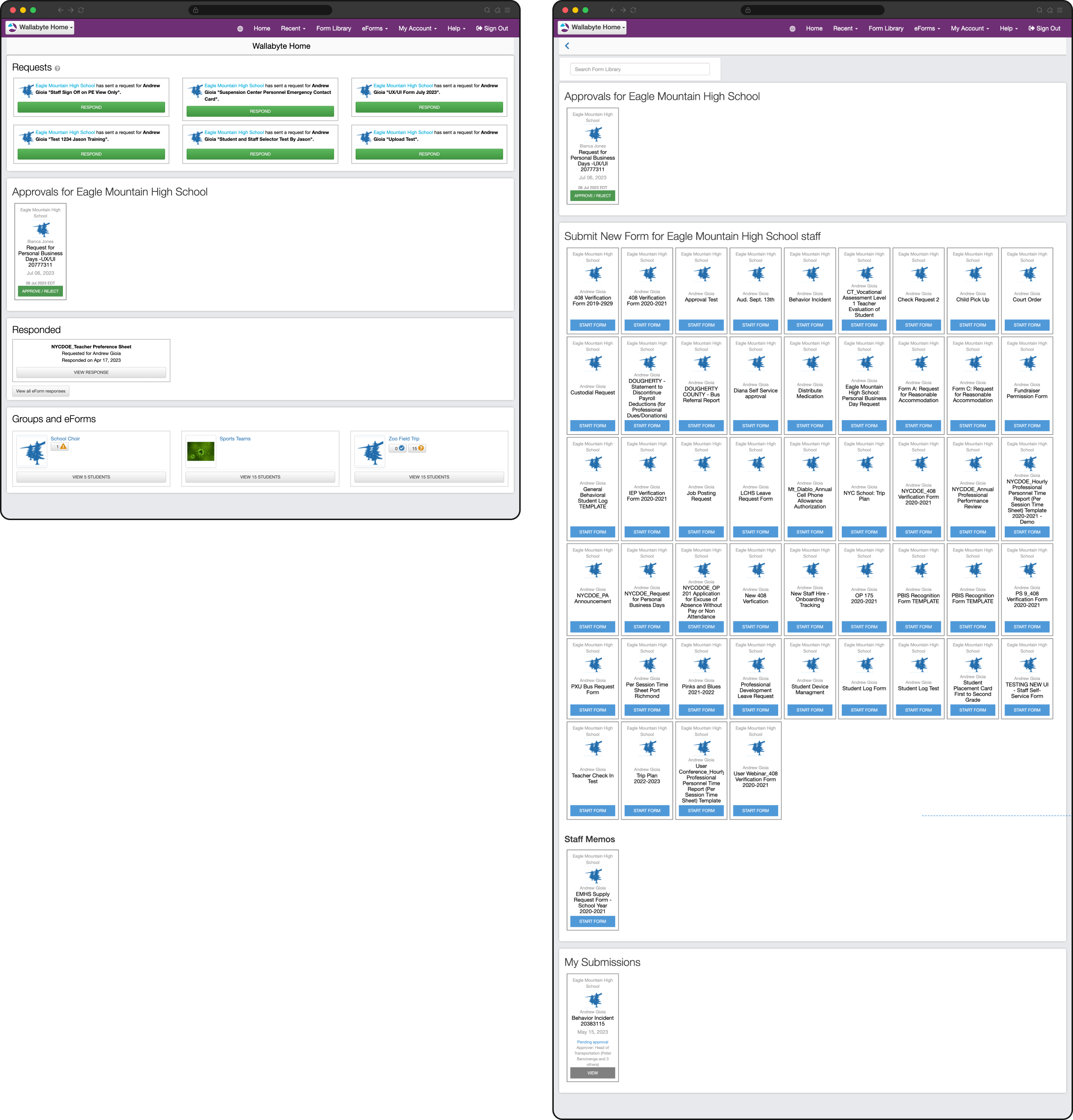 Screenshots of the old UI showing the different locations for forms
